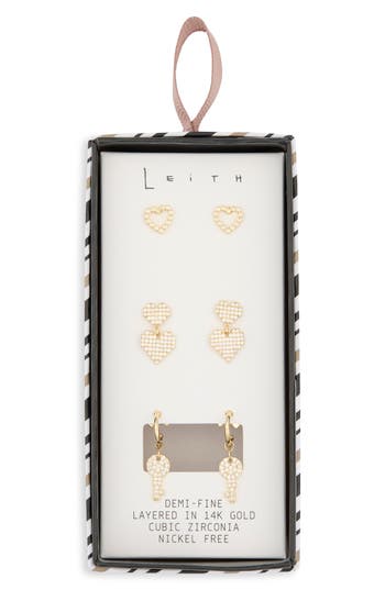 Leith 3-pack Faux Pearl & Cz Heart Earrings In Gold