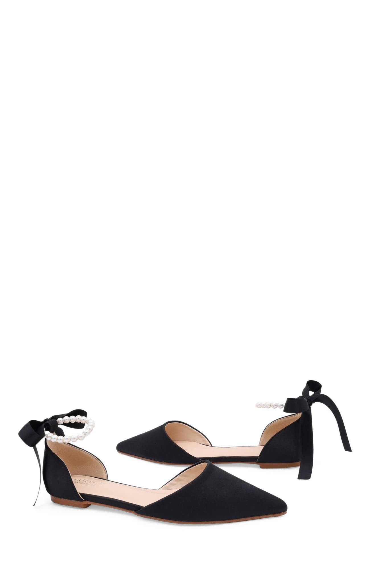 Kailee P Bella Satin Pointy Toe Flats with All Pearls Ankle Strap, Alternate, color, Black