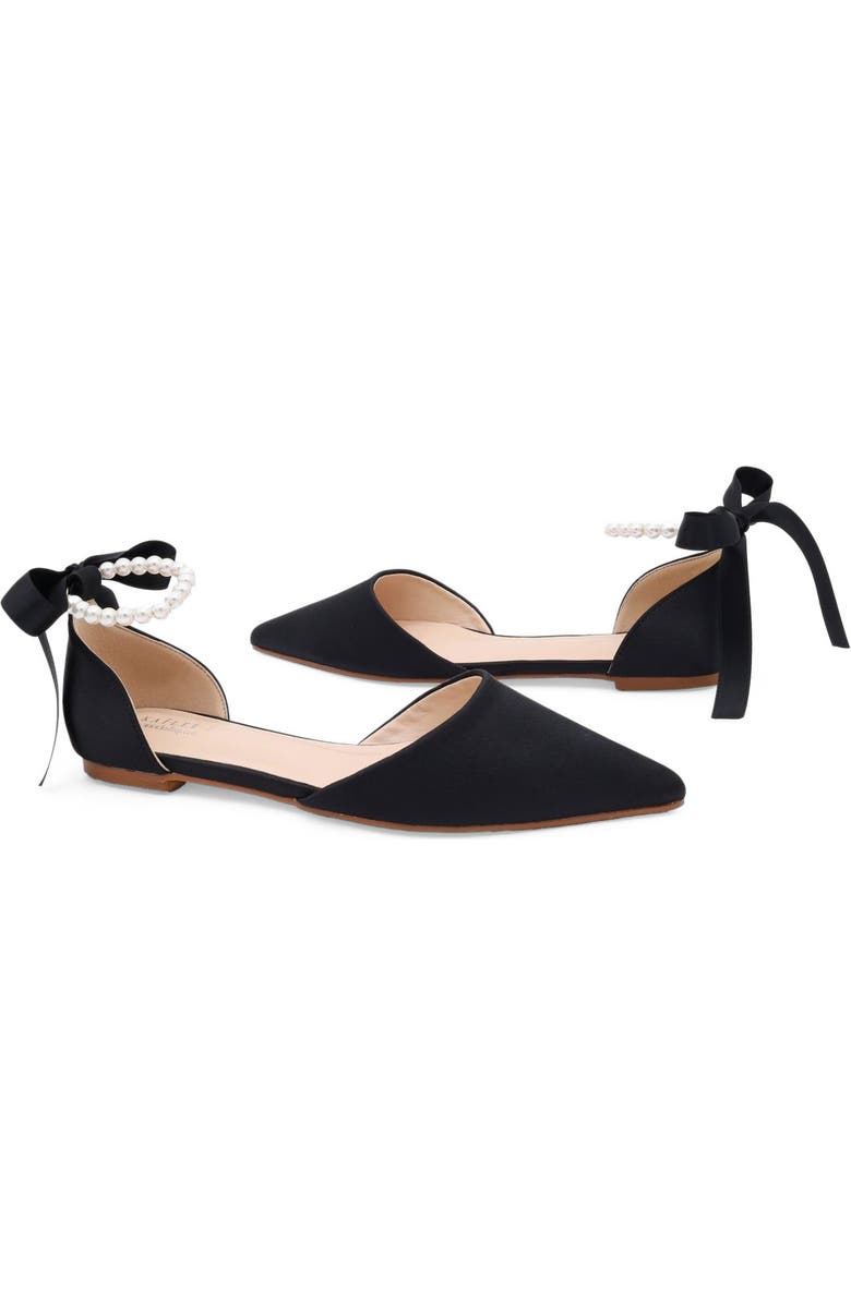 Kailee P Bella Satin Pointy Toe Flats with All Pearls Ankle Strap, Alternate, color, Black