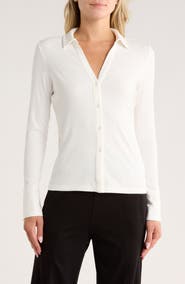 JASON WU Long Sleeve Split Neck Ribbed Top