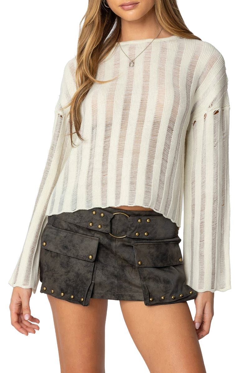 EDIKTED Shredded Ladder Stitch Sweater, Main, color, Cream