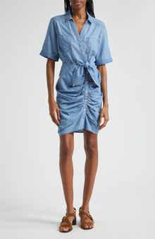 Veronica Beard Hensley Ruched Detail Cotton Blend Shirtdress