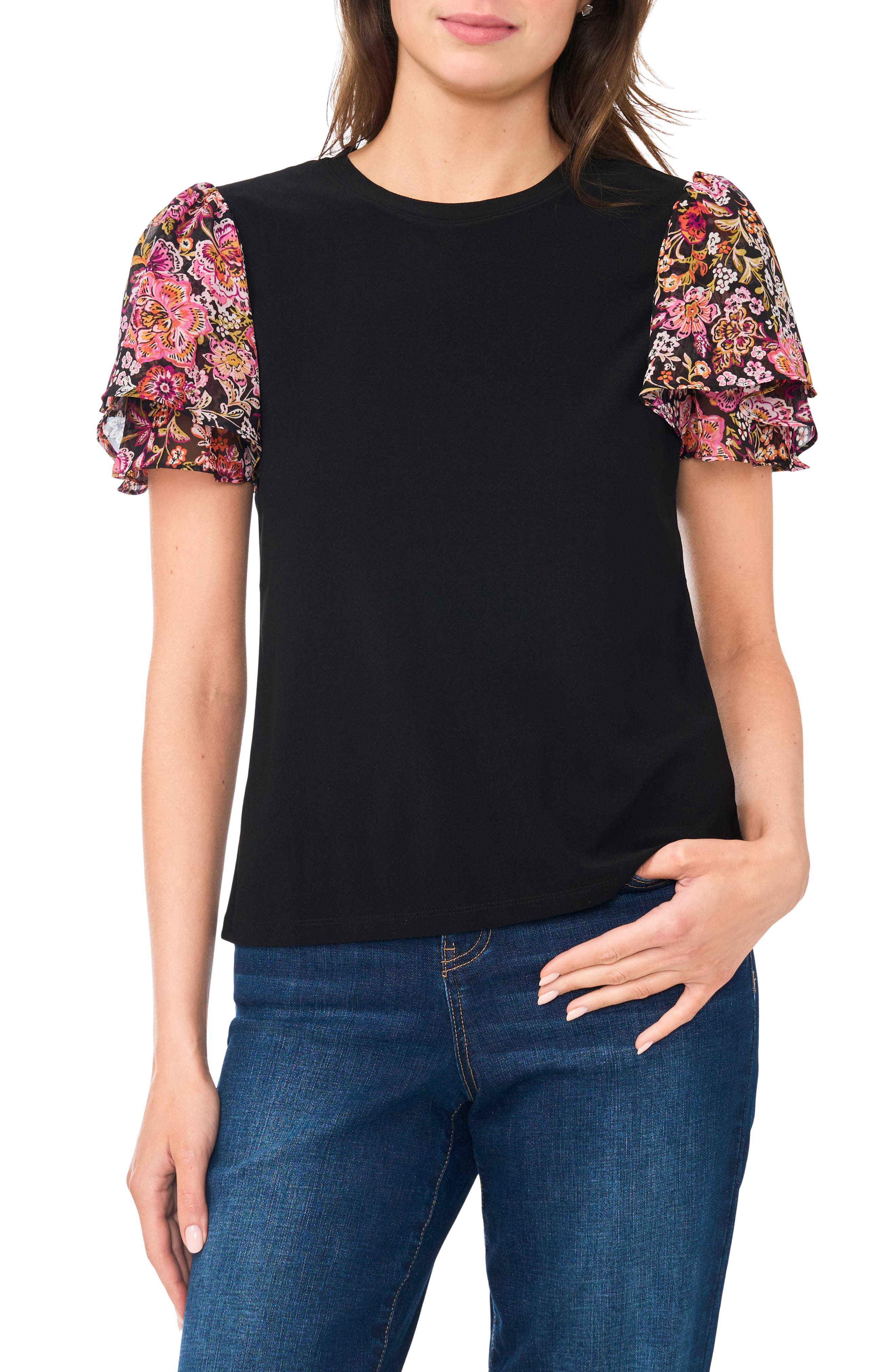 CeCe Floral Flutter Sleeve Top