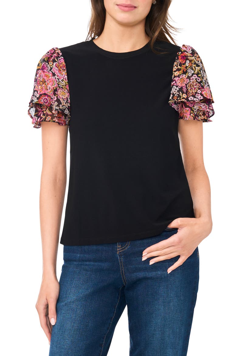 Floral Flutter Sleeve Top, Main, color, RICH BLACK FLORAL