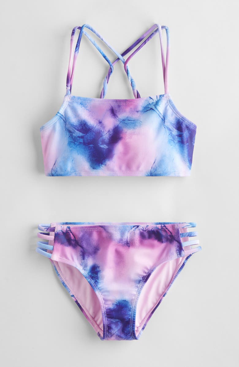 Zella Girl Kids' Twist Back Two-Piece Swimsuit, Main, color, Pink Lavender Ombre Blur