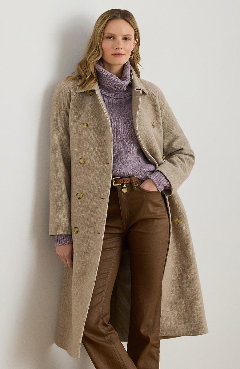 Lauren Ralph Lauren Plaid Belted Double Breasted Coat, Alternate, color, Camel/ Cream Plaid