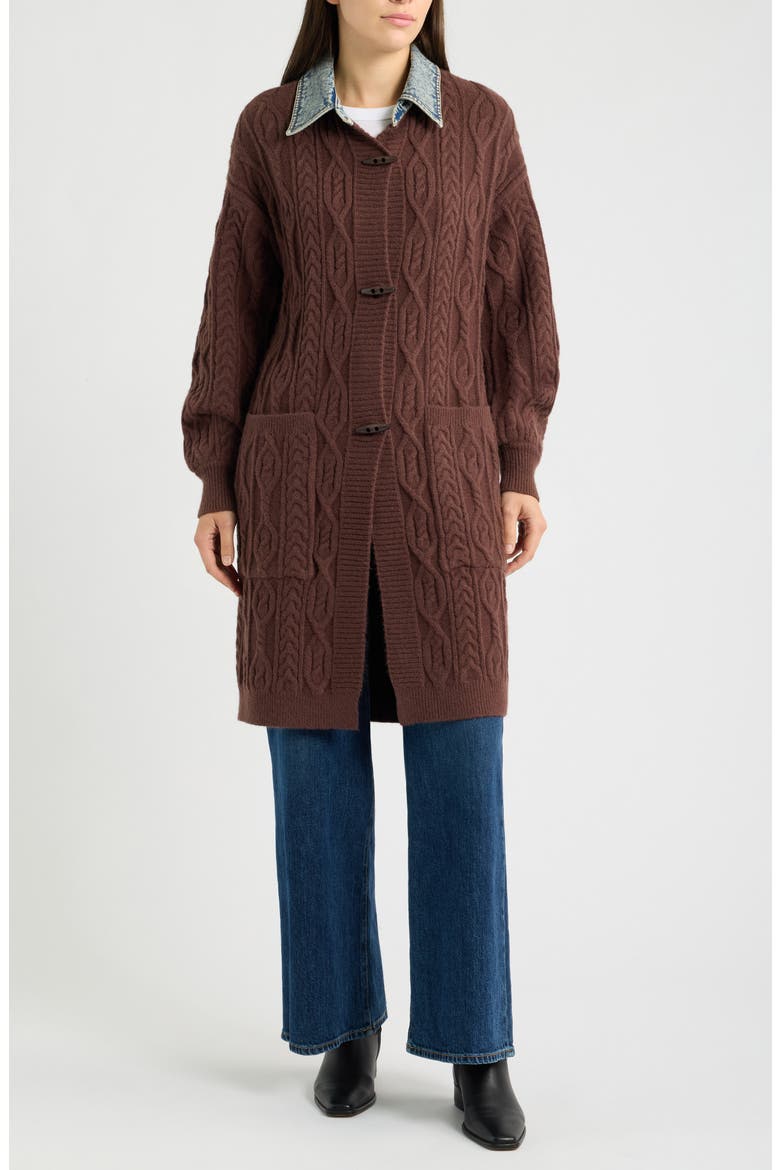 Denim Collar Cable Long Cardigan, Alternate, color, CHOCOLATE