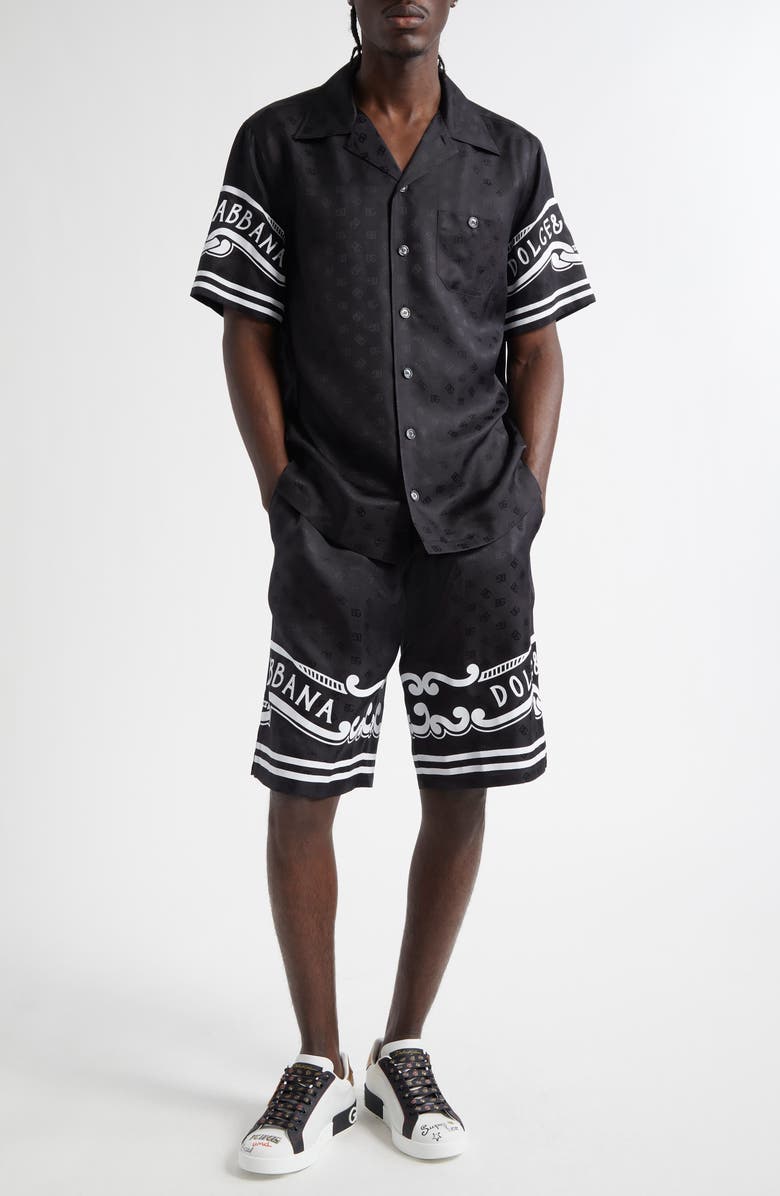 Dolce&Gabbana Logo Jacquard Bandana Print Silk Camp Shirt, Alternate, color, Nero