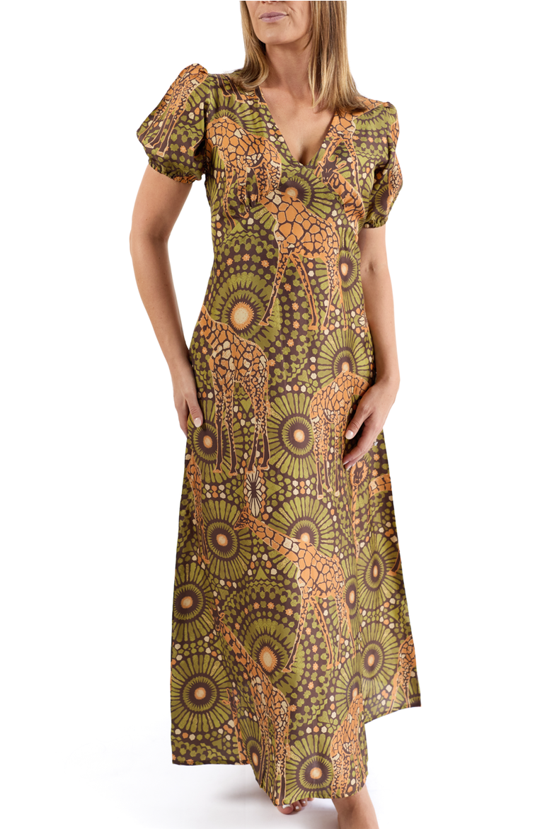 The Africa - Silk Puff Sleeve V-Neck Maxi Dress, Main, color, Brown