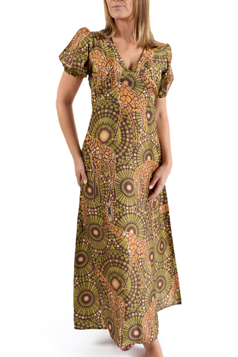 The Africa - Silk Puff Sleeve V-Neck Maxi Dress