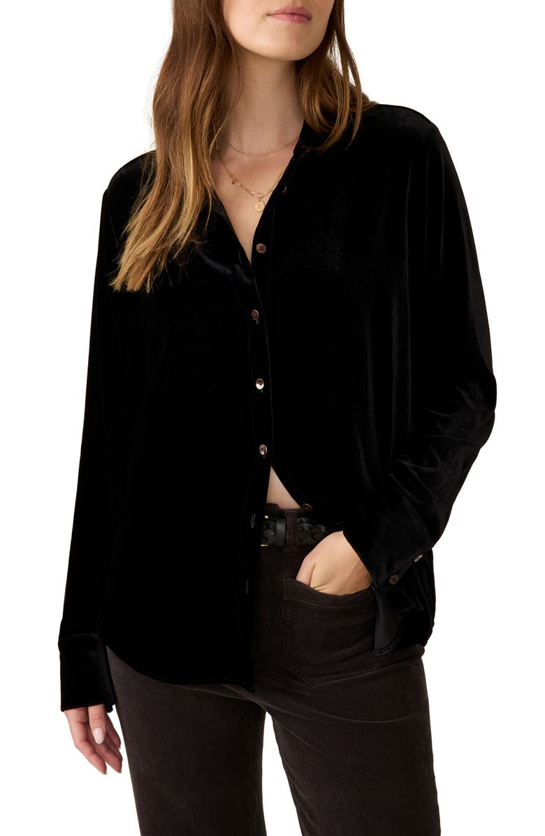 Faherty Genevieve Stretch Velvet Button-Up Shirt, Main, color, Black