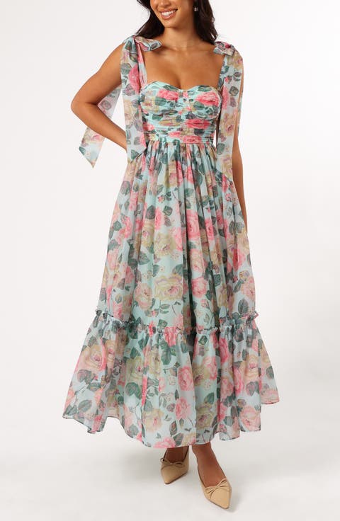 Floret Bow Strap Sweetheart Neck Maxi Dress