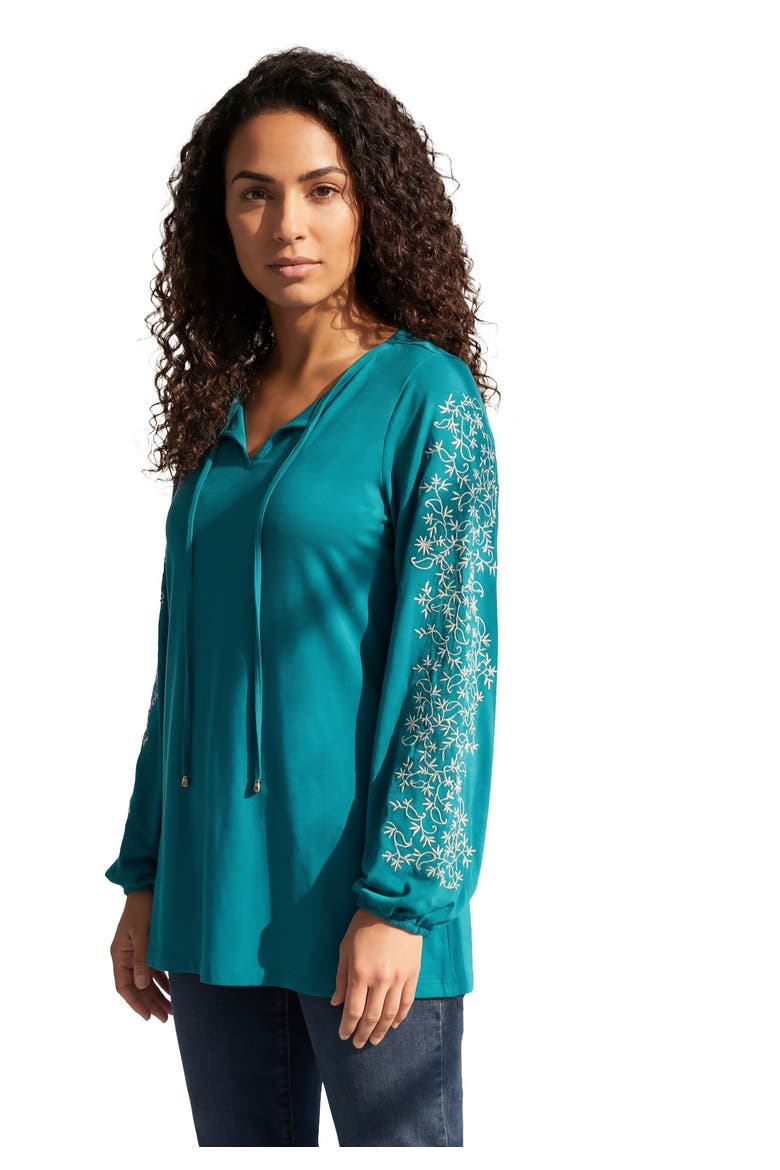 Plus Size Notch Neck Embroidered Peasant Tunic, Main, color, DEEP TEAL VINE SLEEVE