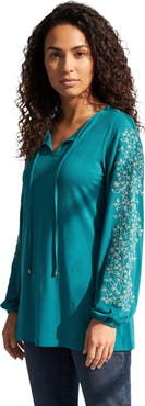 Roaman's Plus Size Notch Neck Embroidered Peasant Tunic