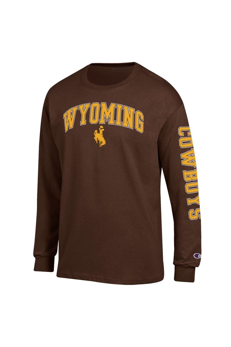 Men's Champion  Brown Wyoming Cowboys Arch Over Logo 2-Hit Long Sleeve T-Shirt, Alternate, color, Brown
