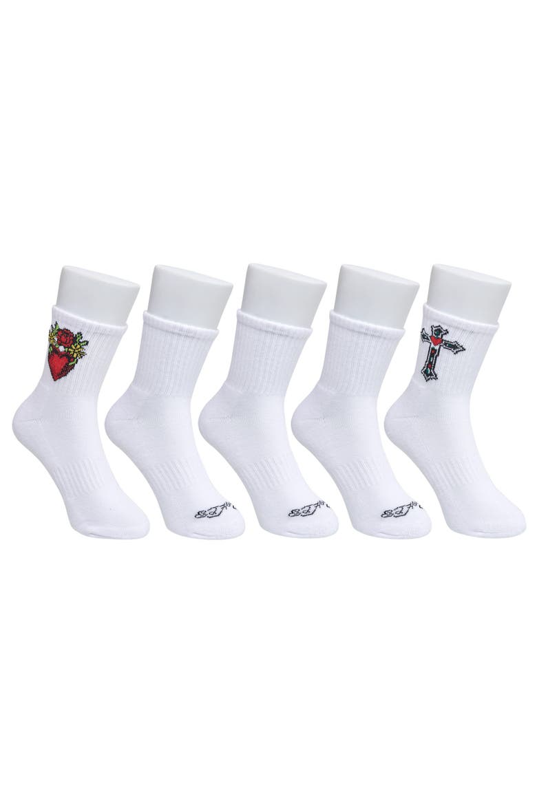 Heart Print Half Cushion Mid Crew Sock 5-Pack, Main, color, White