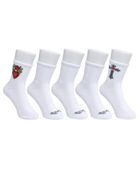 Heart Print Half Cushion Mid Crew Sock 5-Pack