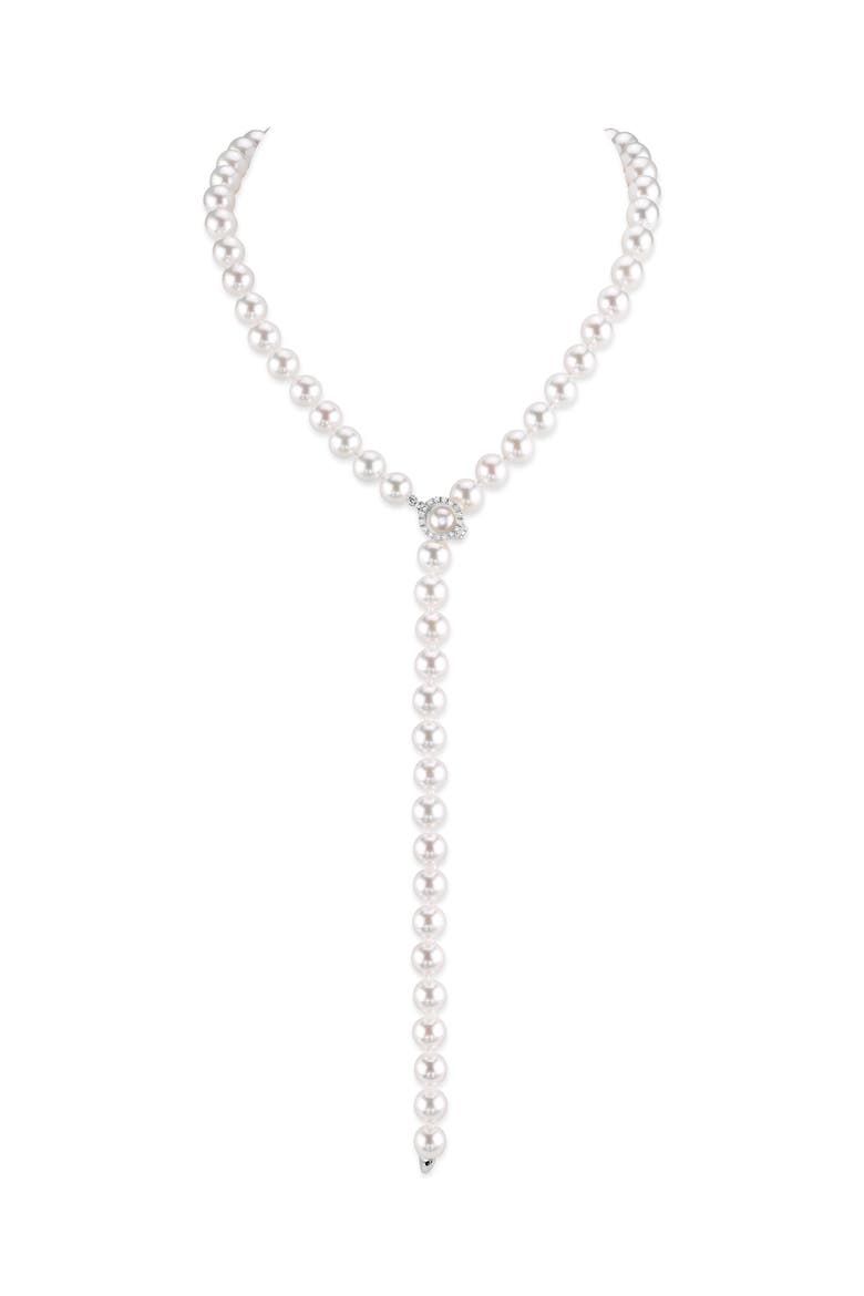 8.0-8.5mm Japanese Akoya White Pearl & Diamond Lariat Y - Shape Adjustable Necklace in Opera Length, Main, color, White Gold