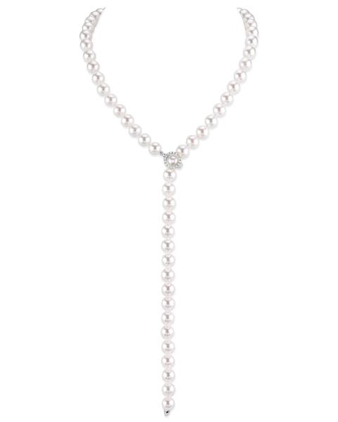 8.0-8.5mm White Freshwater Pearl & Diamond Adjustable lariat Y-Shape 51 Inch Necklace - Premier AAAA Quality