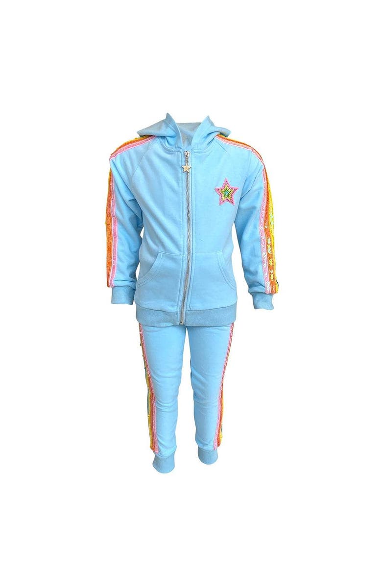 Lola + The Boys Baby Blue Rainbow Sequin Joggers Set, Alternate, color, 