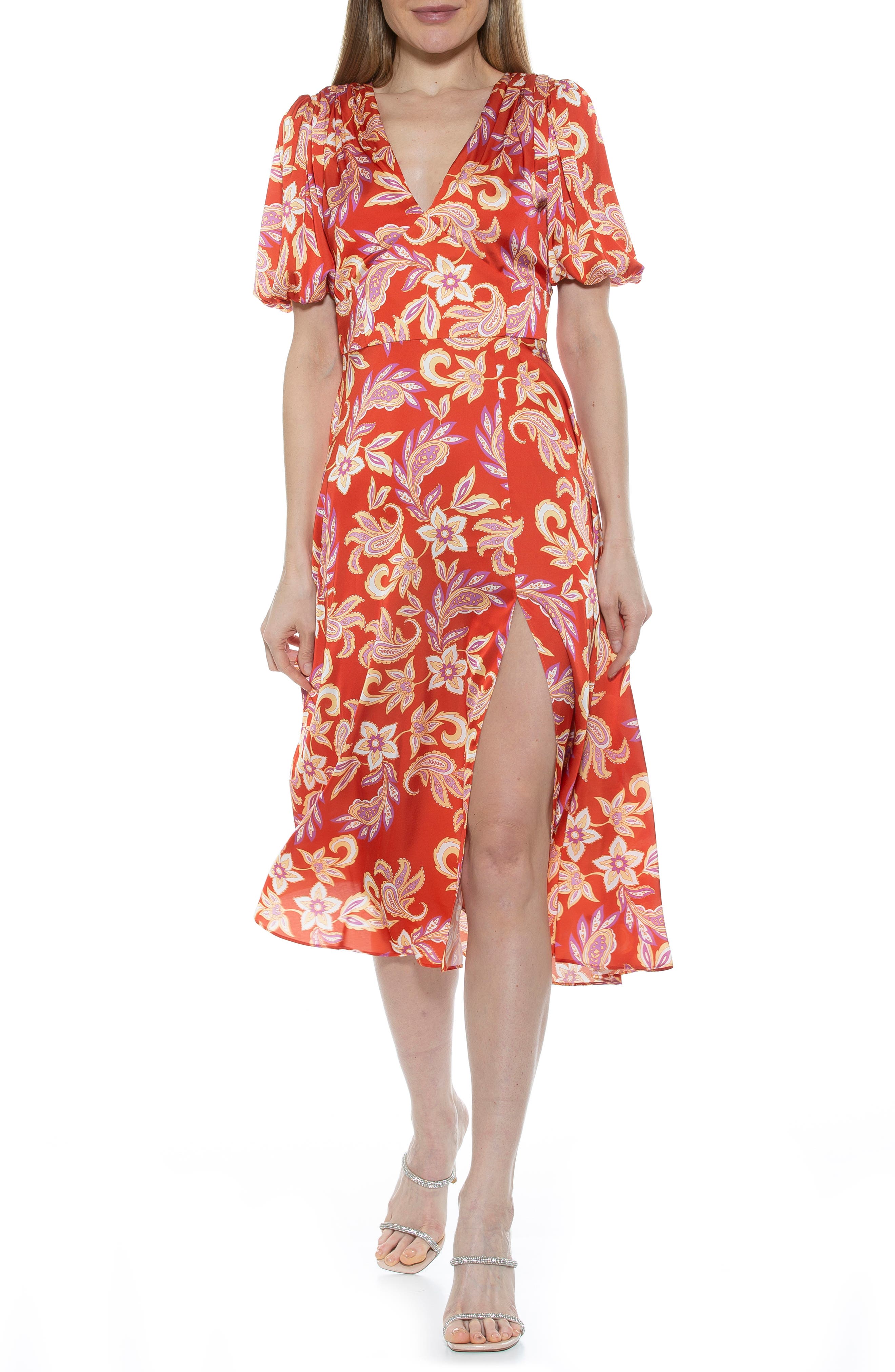 V-Neck Puff Sleeve Midi Dress