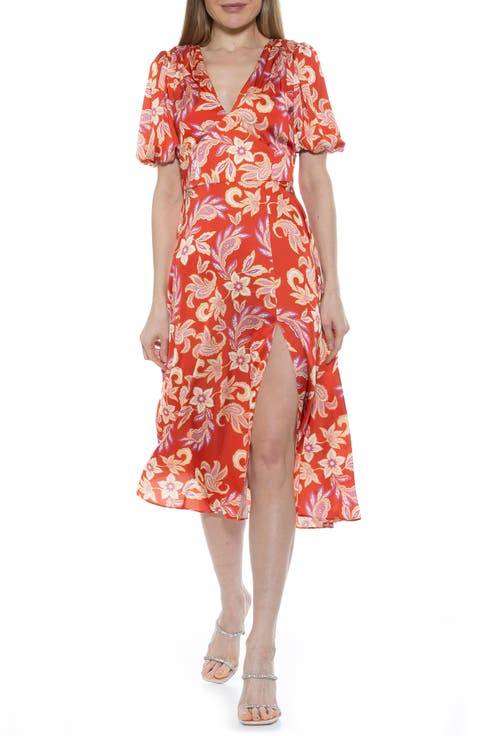 V-Neck Puff Sleeve Midi Dress