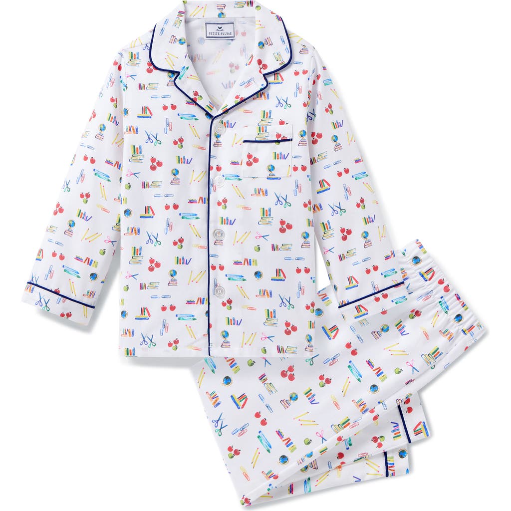 Petite Plume Kids' School Print Two-piece Pajamas In White