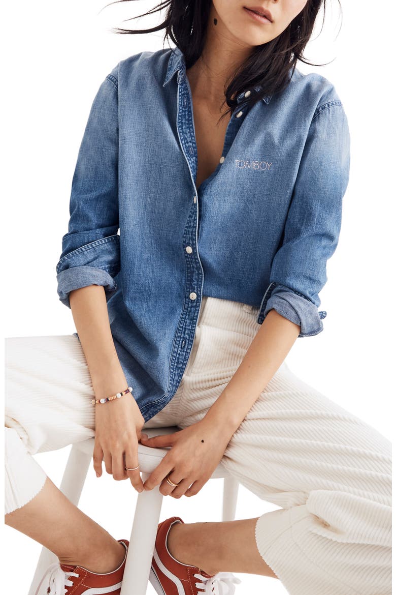 Denim Oversize Ex-Boyfriend Shirt, Main, color, CAMERON WASH