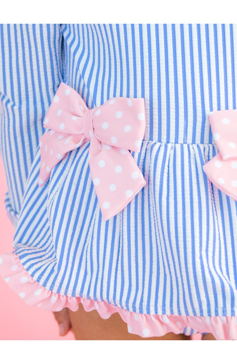 RuffleButts UPF50+ Seersucker Long Sleeve One Piece Bow Peplum Rash Guard Swimsuit, Alternate, color, Periwinkle Blue Seersucker