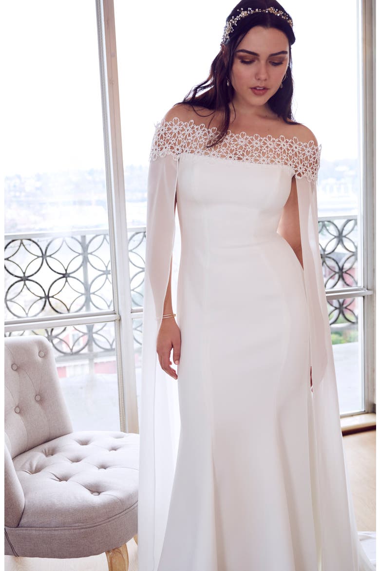 Danica Off the Shoulder Gown with Cape, Alternate, color, OFF WHITE