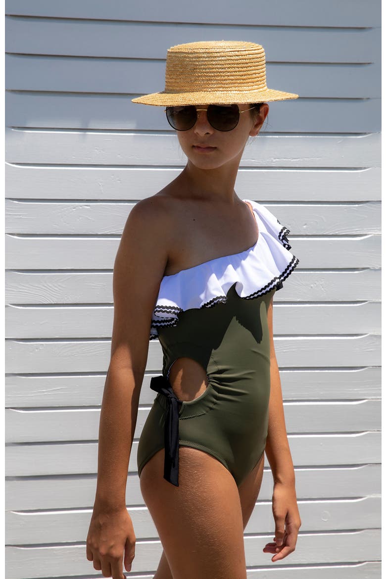 Kids' Contrast Ric-Rac Ruffle One-Shoulder Cut-Out Swimsuit, Alternate, color, GREEN