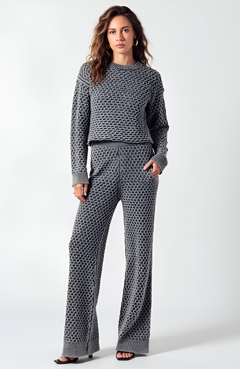 Modenaire Textured Knit Sweater Set with Crewneck Pullover and Wide-Leg Pants, Main, color,