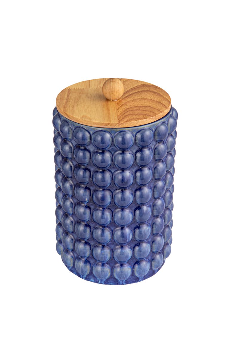 Storied Home Large Stoneware Canister with Raised Dots and Wood Lid and Reactive Glaze, Navy Color and Natural, Main, color, Blue