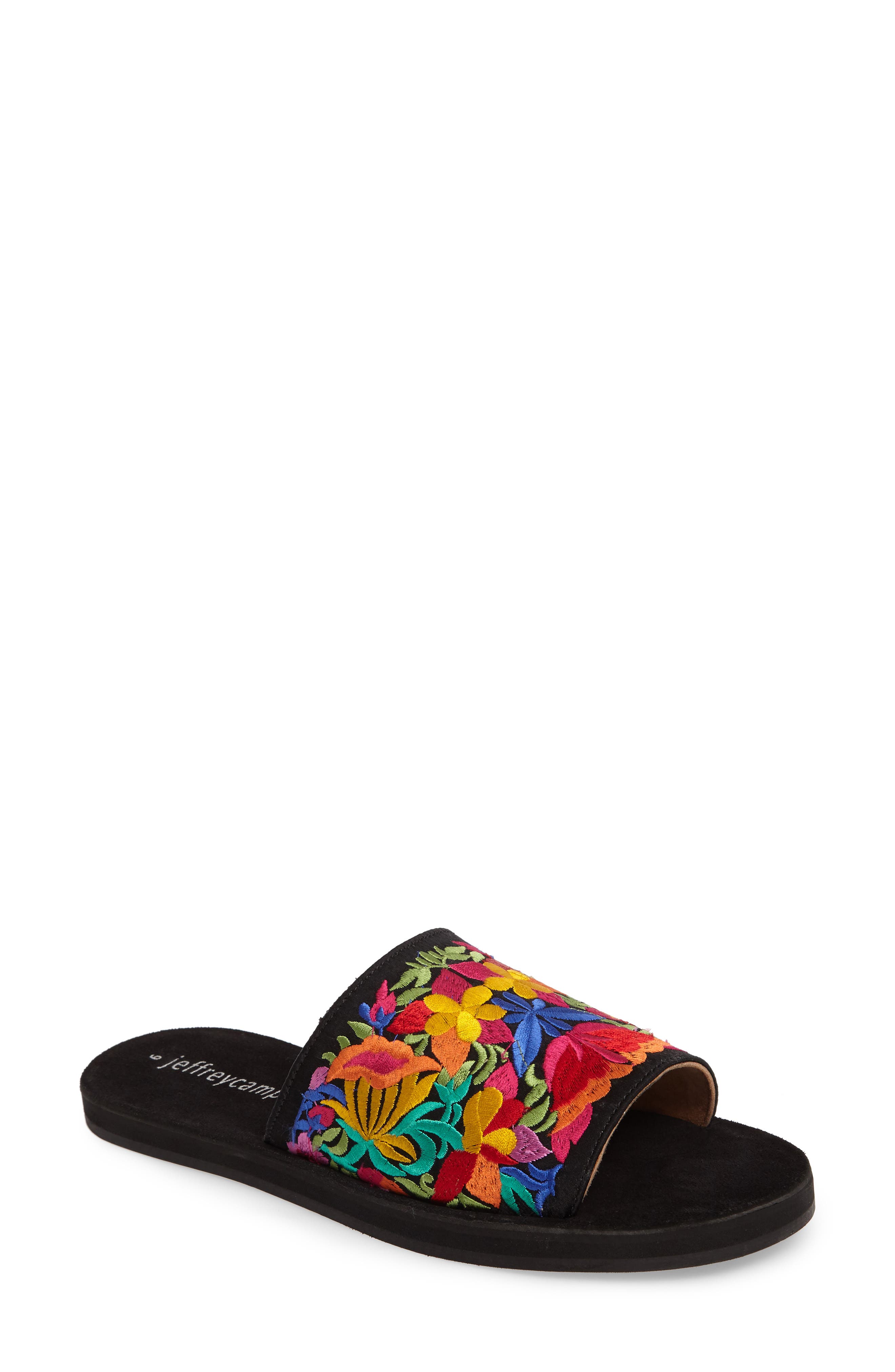 Sarasi Flower Embroidered Slide Sandal, Main, color, BLACK SATIN MULTI