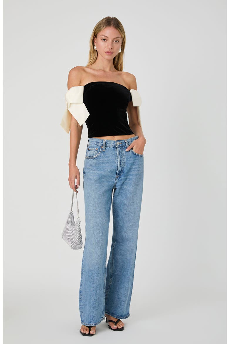 Carey Satin Bow Detail Off the Shoulder Velvet Crop Top, Alternate, color, BLACK-PORCELAIN CREAM
