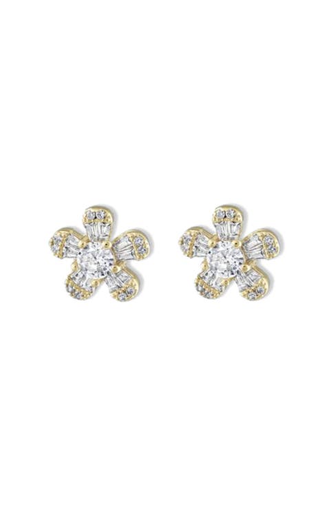 Pave and Baguette CZ Flower Earrings