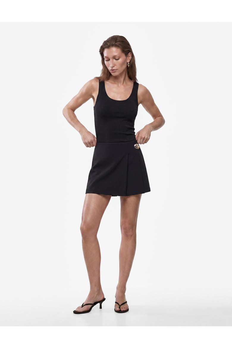 A Line Pleated Mini Skort with Clasp, Alternate, color, BLACK