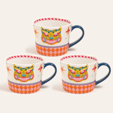 Luohu Porcelain Tiger Mug 12 Oz. Set Of 3