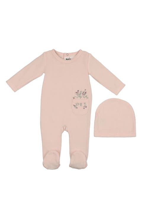 Velour Pocket Cotton Blend Footie & Beanie Set (Baby)