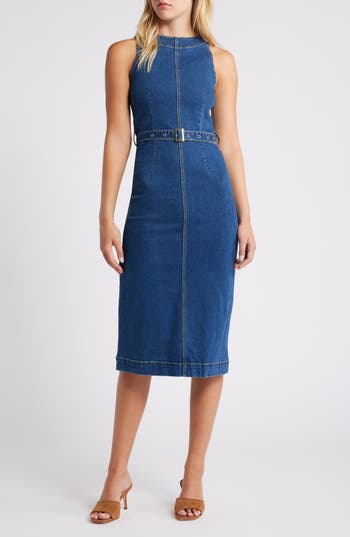 Rare London Belted Denim Midi Dress In Blue
