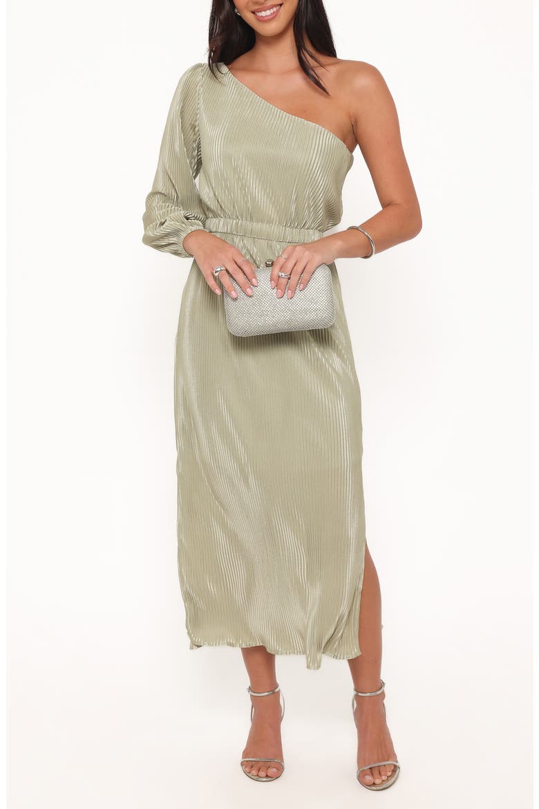 Pontee Plissé One-Shoulder Midi Dress, Main, color, SAGE GREEN