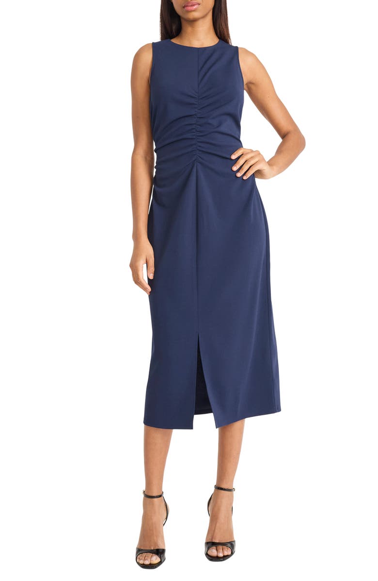 Donna Morgan Ruched Sleeveless Midi Dress, Main, color, Navy Blazer