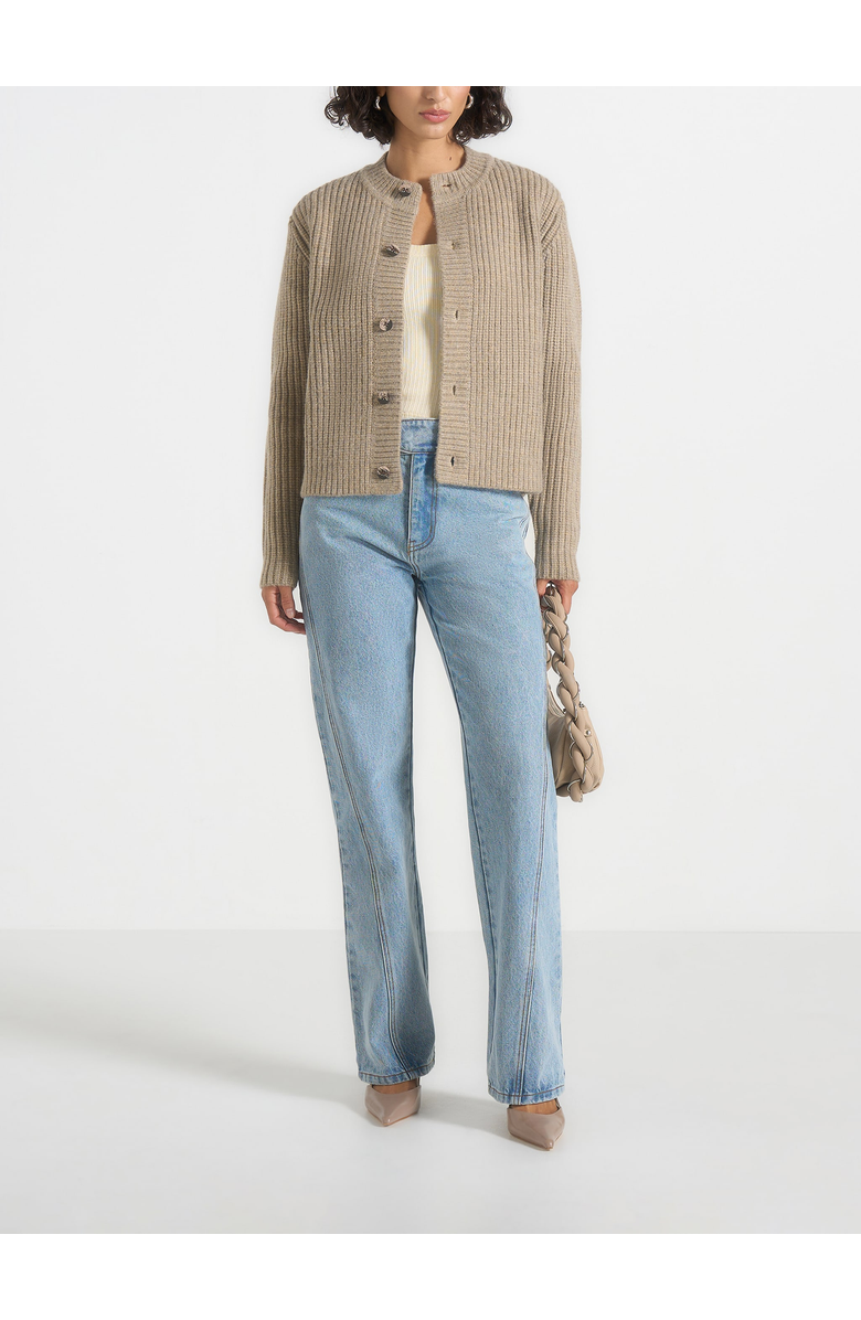 Manière De Voir Alix Unisex Crewneck Ribbed Knit Cardigan, Alternate, color, Beige