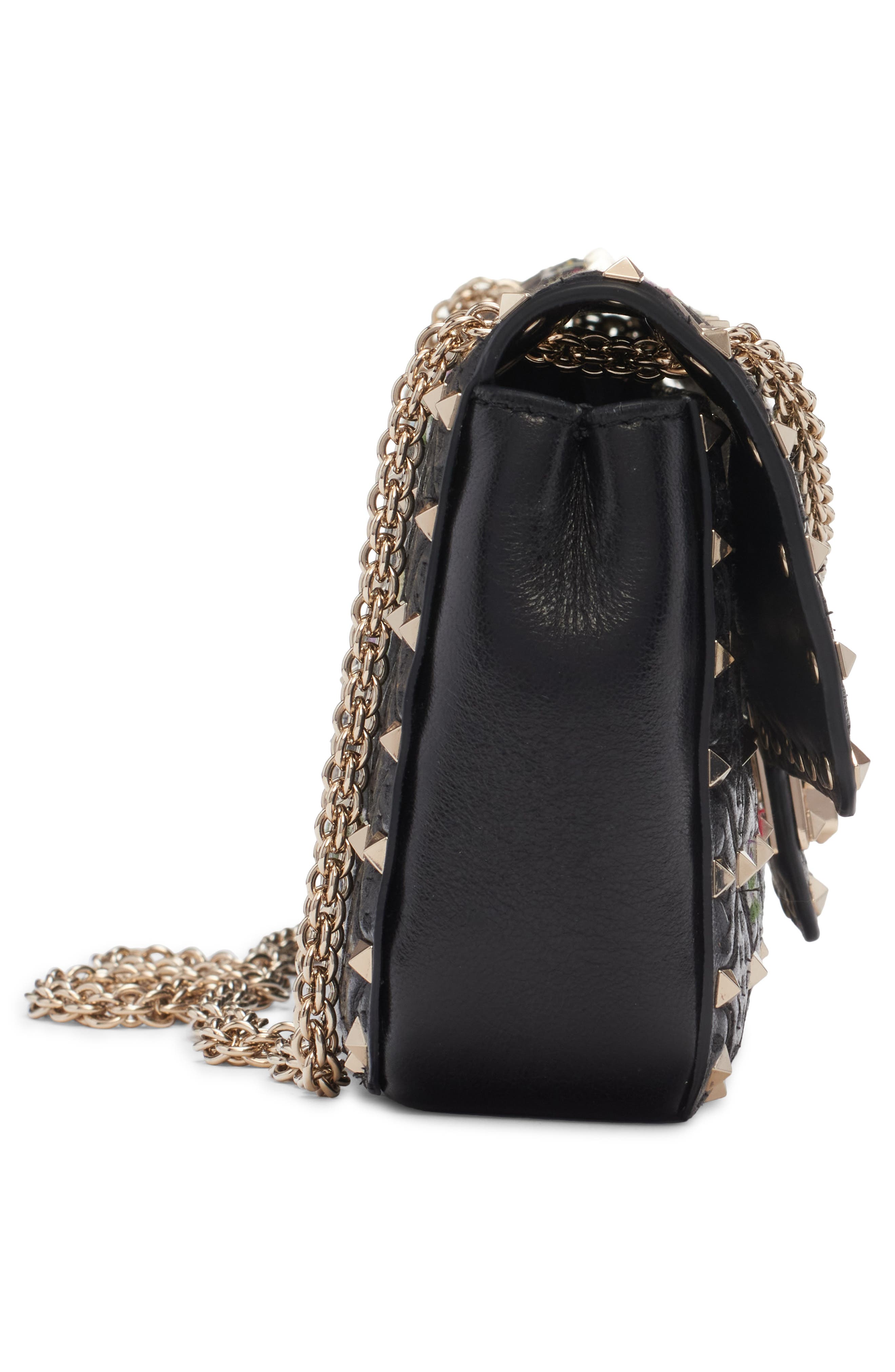Small Rockstud Embroidered Leather Shoulder Bag, Alternate, color, BLACK