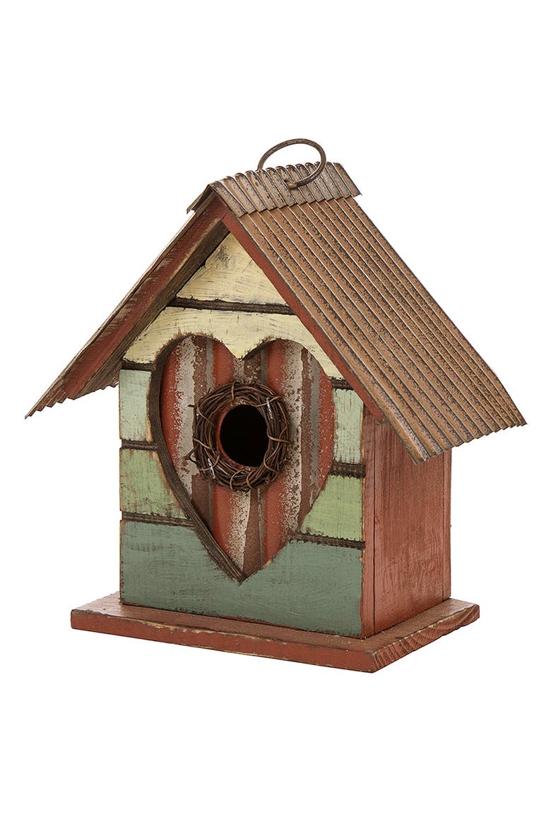 8.75"H Distressed Solid Wood Birdhouse with Heart, Alternate, color, Red