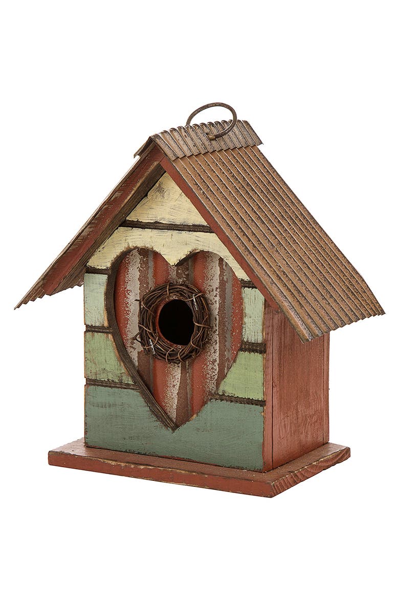 Glitzhome 8.75"H Distressed Solid Wood Birdhouse with Heart, Alternate, color, Red