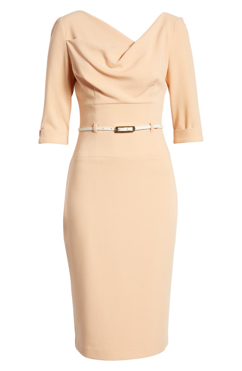 Black Halo Belted Drape Neck Sheath Dress, Alternate, color, 