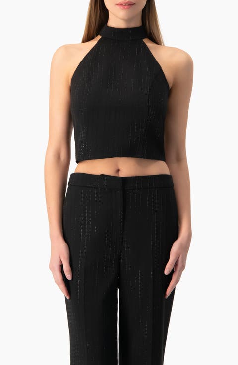 Halter-Neck crystal-adorned Sleeveless Crop Top