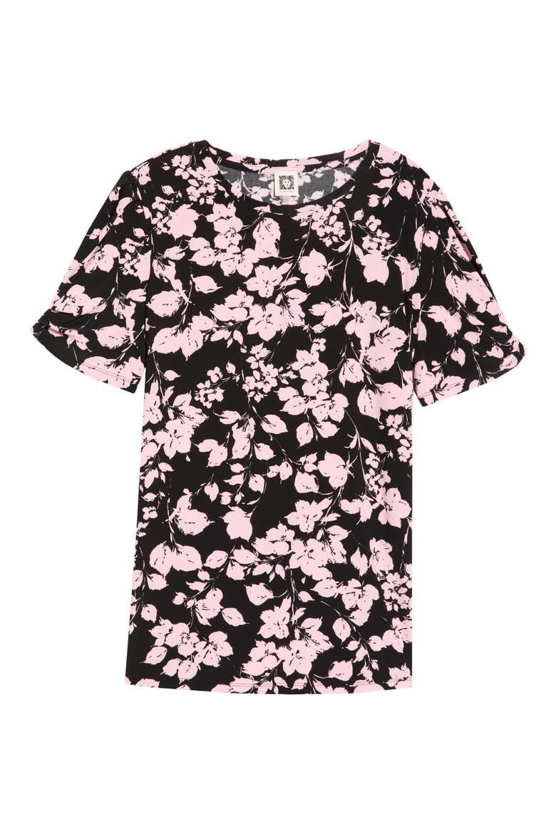 Print Pleat Short Sleeve Top, Alternate, color, ANNE BLACK/ PEONY PINK
