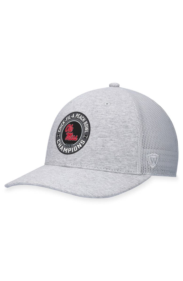 TOP OF THE WORLD Men's Top of the World Heather Gray Ole Miss Rebels 2023 Peach Bowl Champions Trucker Adjustable Hat, Alternate, color,